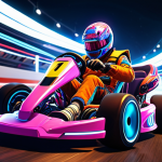**AI-Enhanced Kart Racing:**  A vibrant, dynamic scene of a Kart Rider race. Focus on the advanced AI opponents with glowing circuits and futuristic designs contrasting with the player's personalized kart.  Emphasize speed, competition, and a sense of strategic gameplay.  Bright, saturated colors.