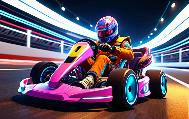**AI-Enhanced Kart Racing:** A vibrant, dynamic scene of a Kart Rider race. Focus on the advanced AI opponents with glowing circuits and futuristic designs contrasting with the player's personalized kart. Emphasize speed, competition, and a sense of strategic gameplay. Bright, saturated colors.