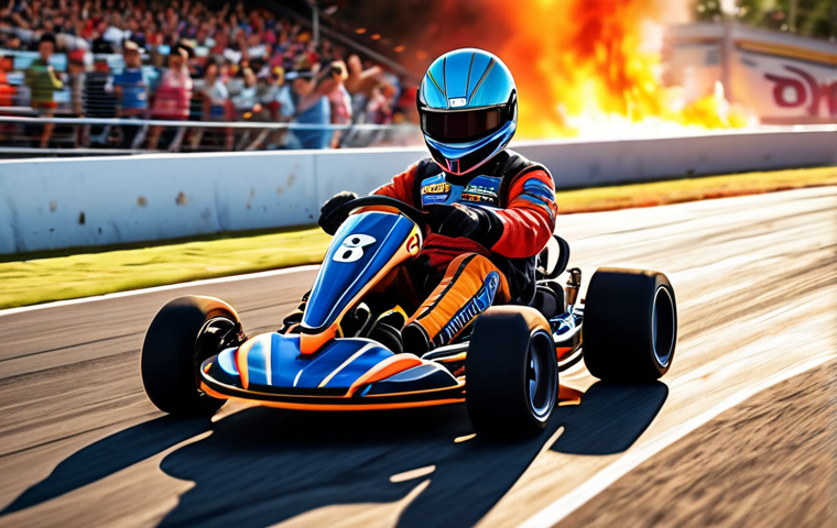 **
A colorful and dynamic illustration showing a "Kart Rider" kart drifting around a sharp turn on a race track. Focus on the kart emitting a boost effect (like flames or energy streaks) and include visual cues indicating the drift angle. The background should show other karts and cheering spectators. The overall feel should be exciting and energetic, highlighting the importance of drifting.
**
