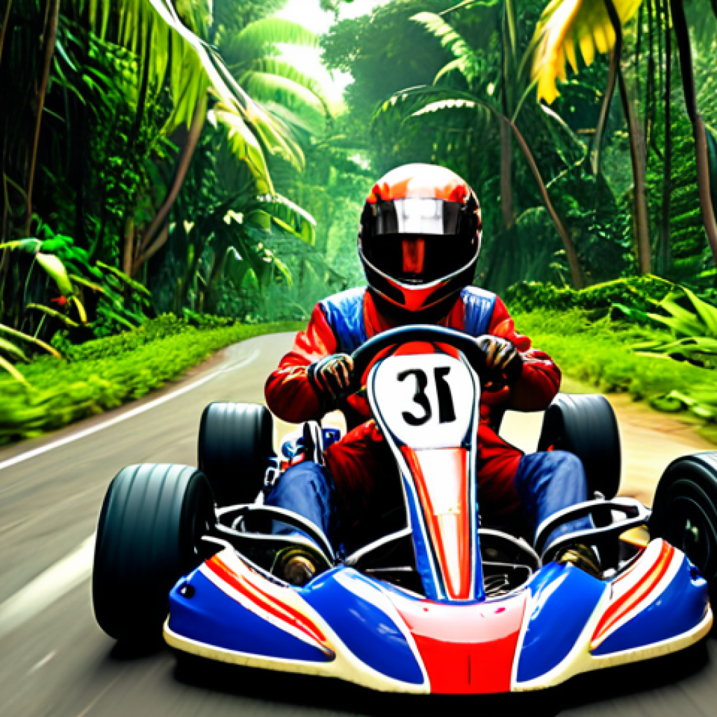 **"Kart Rider racing through a lush jungle track with sharp turns and obstacles, vibrant colors, detailed graphics."** (Represents the "Jungle का रोमांच" section.)