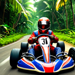 **"Kart Rider racing through a lush jungle track with sharp turns and obstacles, vibrant colors, detailed graphics."** (Represents the "Jungle का रोमांच" section.)