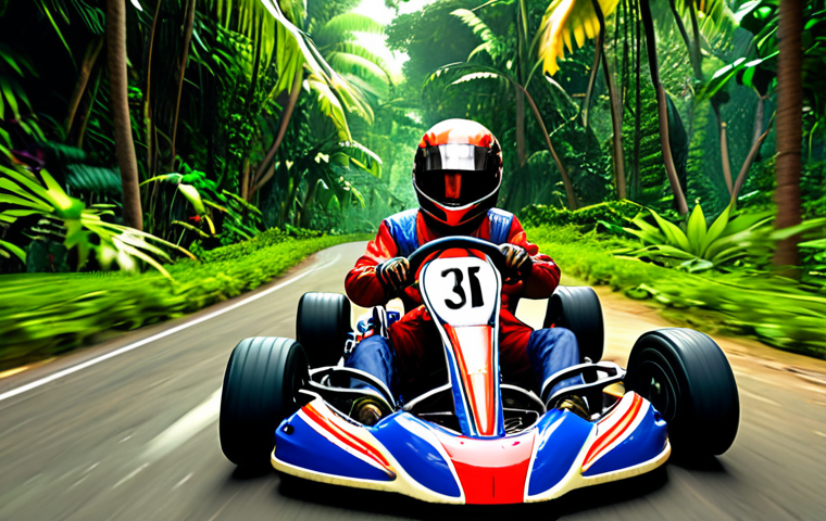 **"Kart Rider racing through a lush jungle track with sharp turns and obstacles, vibrant colors, detailed graphics."** (Represents the "Jungle का रोमांच" section.)