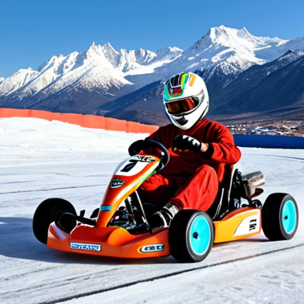 **Prompt:** A vibrant, action-packed scene of a go-kart race on "Barfili Dhalaan" (icy slope). Show a kart drifting expertly around a sharp, icy turn, kicking up snow. Emphasize speed and control. Think snowy mountains in the background.