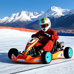 **Prompt:** A vibrant, action-packed scene of a go-kart race on "Barfili Dhalaan" (icy slope). Show a kart drifting expertly around a sharp, icy turn, kicking up snow. Emphasize speed and control. Think snowy mountains in the background.