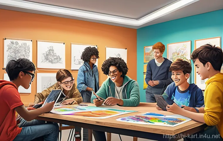 카트라이더 팬아트 대회의 성공 요인 - **Prompt 1: Community Art Jam**
    "A vibrant, bustling scene depicting a diverse group of young ad...