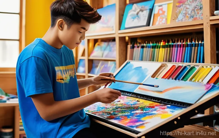 카트라이더 팬아트 대회의 비하인드 스토리 - **Prompt:** A vibrant and inspiring scene in a sunlit artist's studio. A passionate young artist, ar...