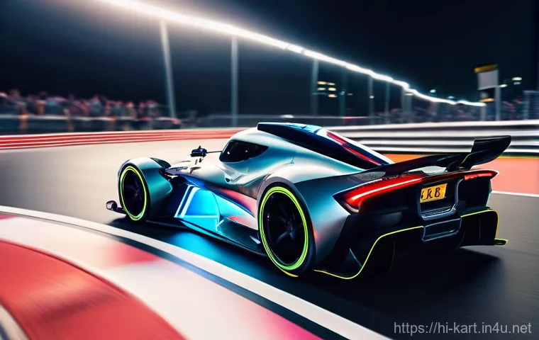 카트라이더 초보 유저의 트랙 활용 비법 - **Track Mastery in Action:**
"A dynamic, low-angle shot of a sleek, high-performance racing car,...