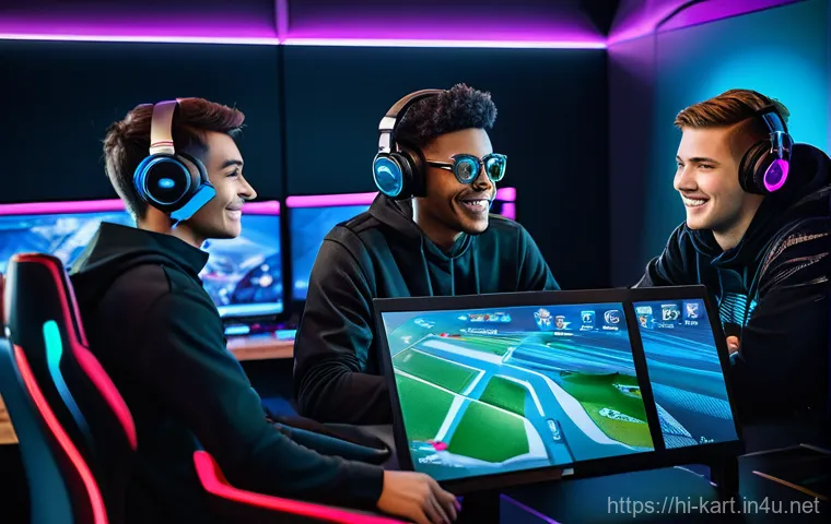 카트라이더 스피드전 팀 조합 - **Prompt 1: Team Strategy and Communication Hub**
A vibrant and modern gaming room setting. Four...