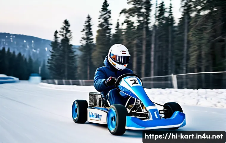 카트라이더 신규 출시 트랙 비평 - **"Winter Training Camp (Ice)" - Dynamic Race Scene**
A high-action, wide-angle shot of a slight...