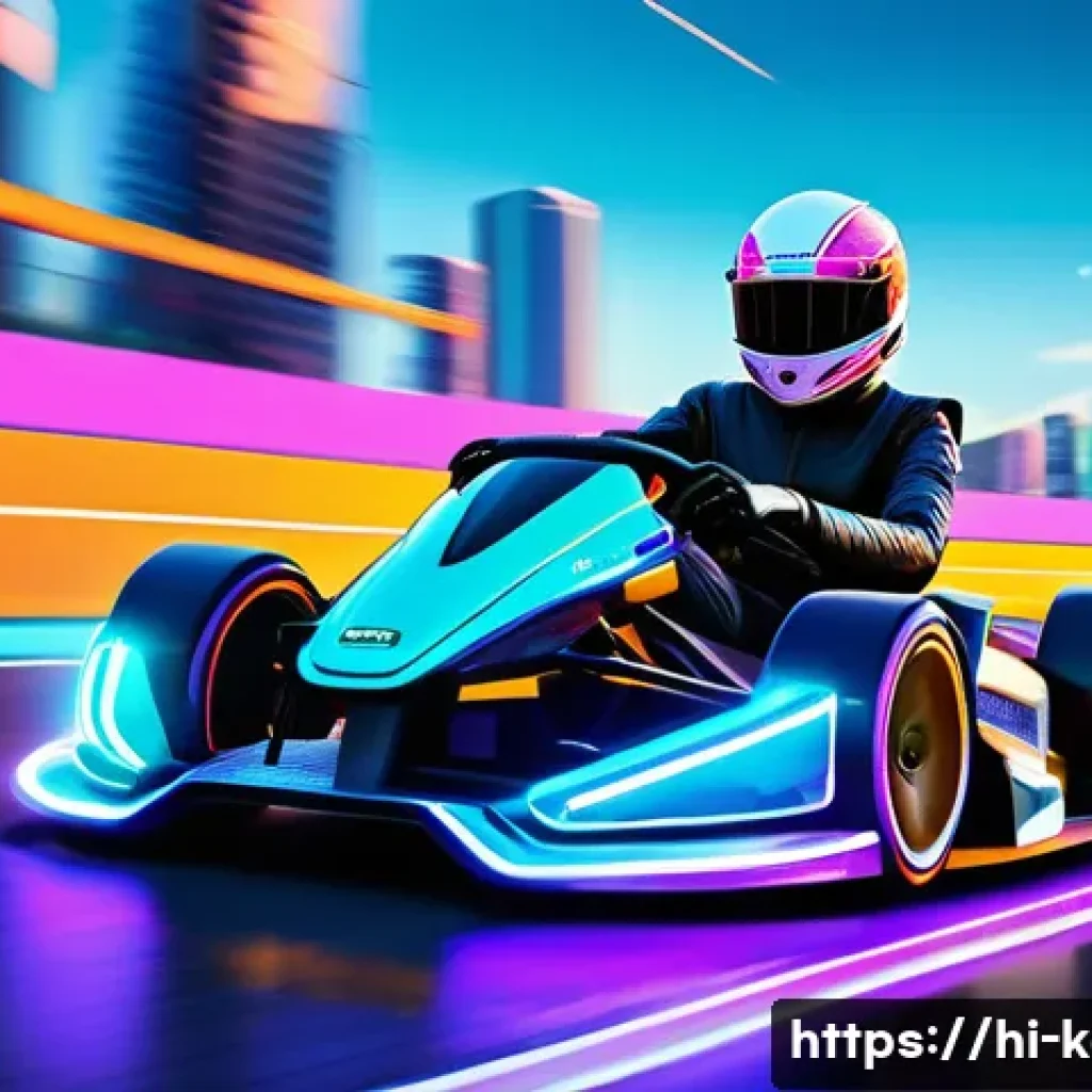 카트라이더 팬아트와 커뮤니티 - A vibrant digital fanart scene of a futuristic kart racing game, featuring a dynamic, colorful racin...