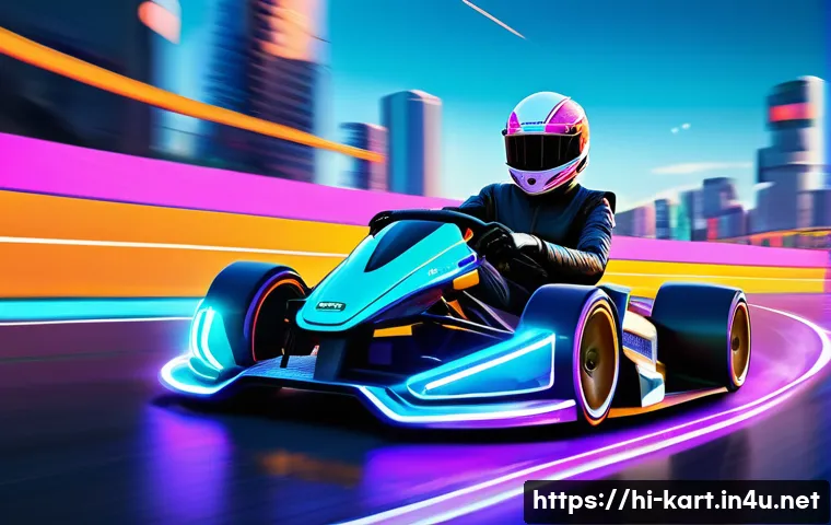 카트라이더 팬아트와 커뮤니티 - A vibrant digital fanart scene of a futuristic kart racing game, featuring a dynamic, colorful racin...