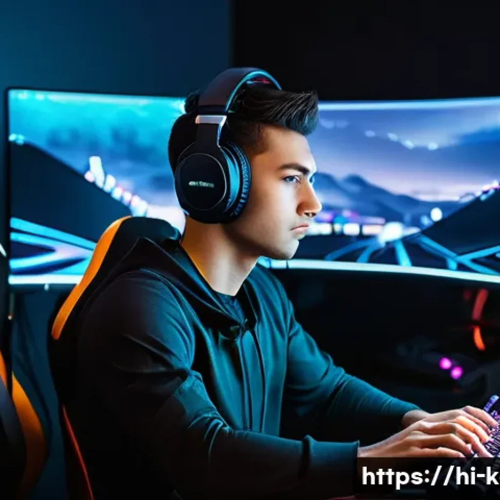 카트라이더 프로 선수 조언 - A focused professional gamer sitting at a sleek gaming setup with multiple monitors displaying a hig...