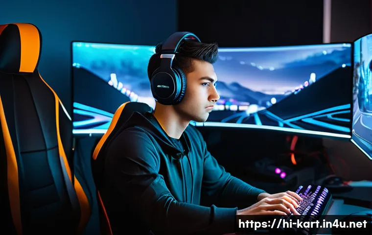 카트라이더 프로 선수 조언 - A focused professional gamer sitting at a sleek gaming setup with multiple monitors displaying a hig...