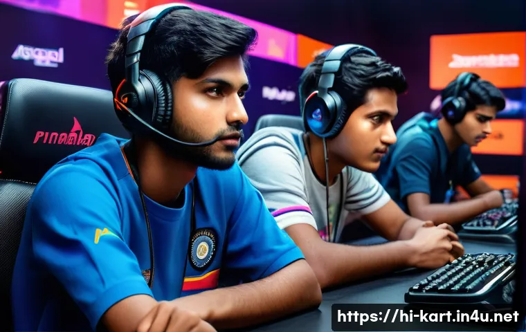 카트라이더 공식 대회 참가 요건 - A dynamic scene of a diverse group of young Indian gamers aged around 13 to 18, sitting in a modern ...