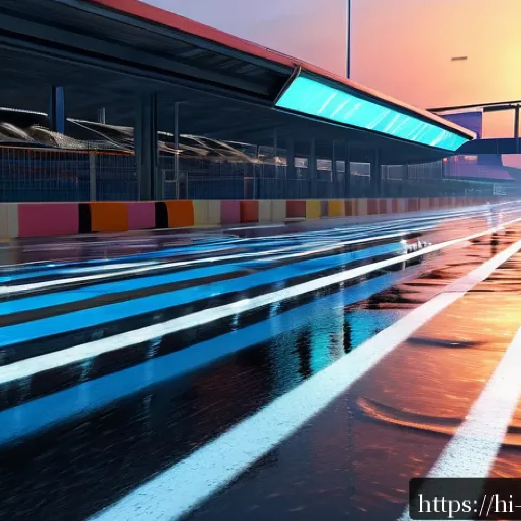카트라이더 트랙 설계 스토리 - A highly detailed racing track set in a futuristic cityscape at sunset, featuring a complex layout w...