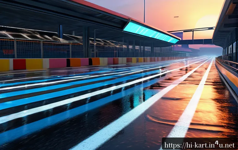 카트라이더 트랙 설계 스토리 - A highly detailed racing track set in a futuristic cityscape at sunset, featuring a complex layout w...
