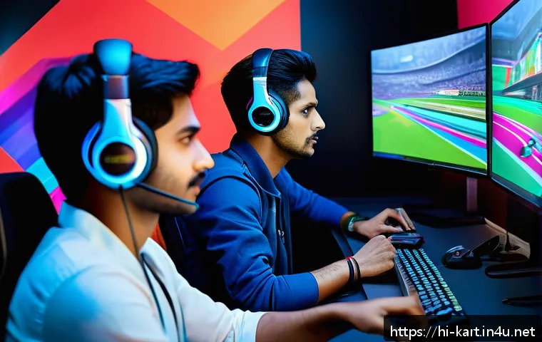 카트라이더 리그 프로모션 - A dynamic and vibrant gaming scene featuring a diverse team of young Indian gamers collaborating int...