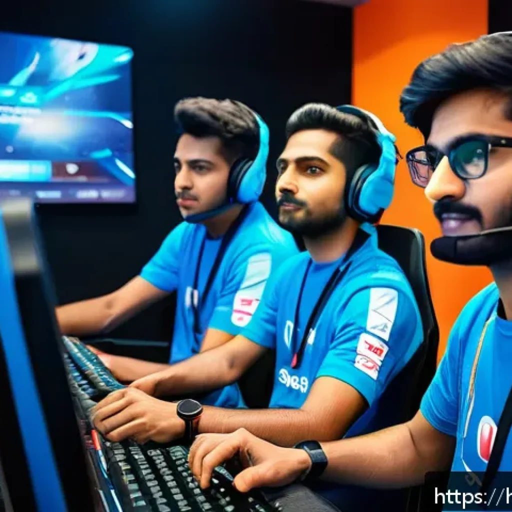 카트라이더 팀플레이 전략 모음 - A dynamic and vivid esports team scene showing diverse young Indian players communicating intensely ...