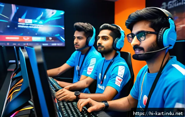 카트라이더 팀플레이 전략 모음 - A dynamic and vivid esports team scene showing diverse young Indian players communicating intensely ...