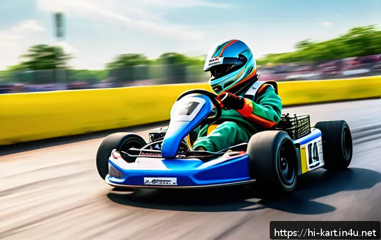 카트라이더 초보 유저 친화적 팁 - A dynamic racing scene featuring a balanced-weight go-kart speeding through a sharp turn on a vibran...