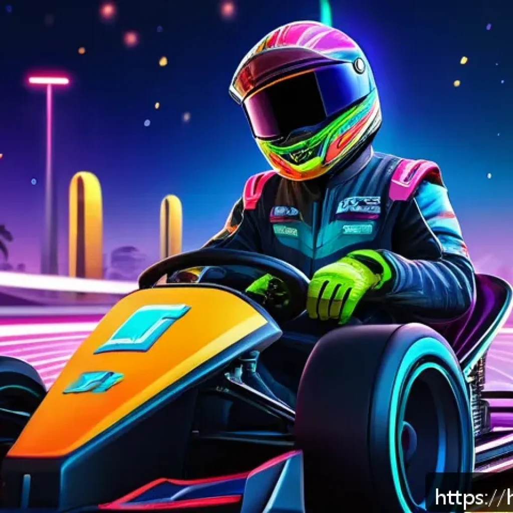 카트라이더 초보 유저의 글로벌 팬아트 활용 사례 - A vibrant digital fan art scene inspired by the game Kart Rider, featuring a young male character in...