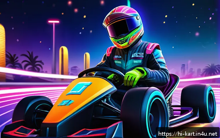 카트라이더 초보 유저의 글로벌 팬아트 활용 사례 - A vibrant digital fan art scene inspired by the game Kart Rider, featuring a young male character in...