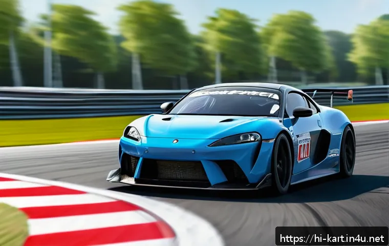 카트라이더 초보 유저와 드리프트 비법 - A dynamic racing scene showing a sleek sports car drifting smoothly around a sharp corner on a profe...