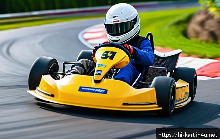 카트라이더 트랙별 공략법과 기본 기술 - A dynamic kart racing scene on a sharp, winding track with a kart executing precise braking and cont...