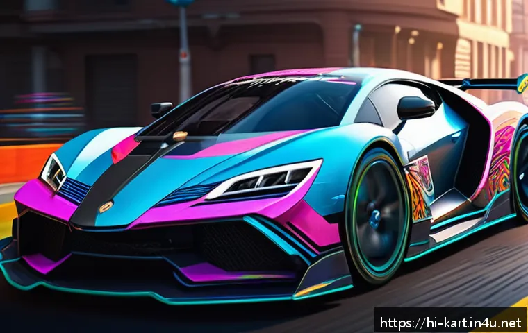 카트라이더 이벤트 코인 사용법 - A vibrant digital gaming scene showing a player customizing a futuristic racing car with exclusive l...
