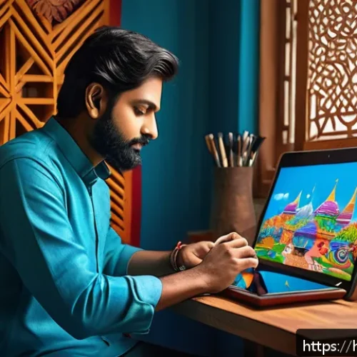 Home 31 카트라이더 팬아트와 글로벌 커뮤니티 연계 - A vibrant digital art studio scene showcasing a young Indian artist using advanced digital painting ...