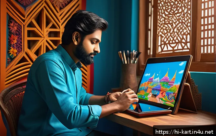 카트라이더 팬아트와 글로벌 커뮤니티 연계 - A vibrant digital art studio scene showcasing a young Indian artist using advanced digital painting ...