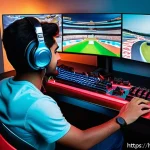 Home 23 카트라이더 신규 유저를 위한 게임 스타트 가이드 - A detailed scene of a young Indian gamer sitting at a sleek gaming desk in a modern room, focused in...