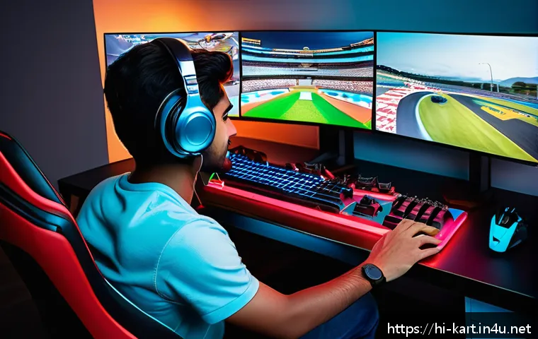 카트라이더 신규 유저를 위한 게임 스타트 가이드 - A detailed scene of a young Indian gamer sitting at a sleek gaming desk in a modern room, focused in...