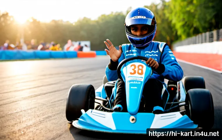 카트라이더 초보자 필독 공략 - Photorealistic cinematic scene of a young Indian beginner kart racer in a bright blue helmet and ful...