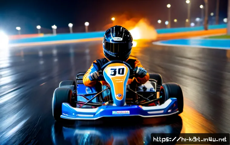 카트라이더 팬아트와 드리프트의 인기 요인 - Photorealistic cinematic scene of a colorful compact go-kart drifting through a glowing nighttime ci...