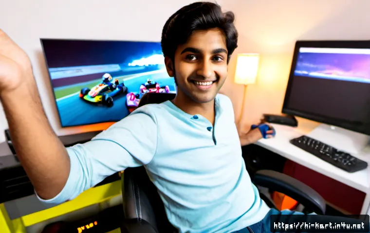 Home 17 카트라이더 초보 유저의 성공 스토리 - Photorealistic Indian young adult gamer celebrating a first racing-game victory at a clean home desk...