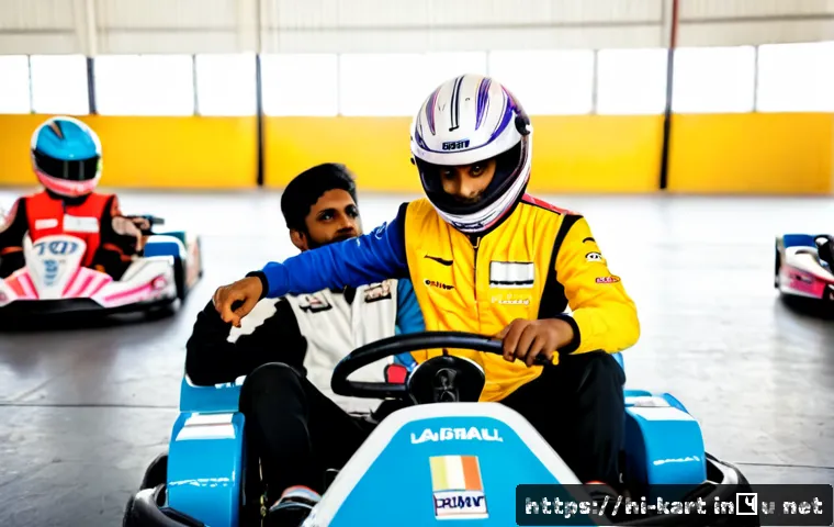 카트라이더 초보 유저를 위한 팀플레이 코칭 - Photorealistic indoor kart racing coaching scene, a friendly Indian racing instructor guiding three ...