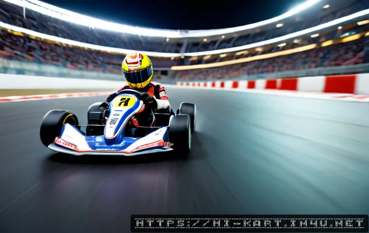 Home 17 카트라이더 아이템전과 스피드전 비교법 - Photorealistic split-scene comparison of colorful indoor kart racing, left side showing a racer coll...