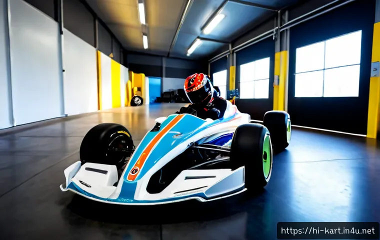 Home 17 카트라이더 신규 업데이트 예고 - Photorealistic futuristic go-kart racing garage at dawn, a sleek colorful kart under a soft spotligh...
