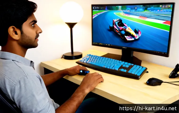 카트라이더 베타 테스트 참여 방법 - Photorealistic Indian young adult gamer at a tidy home desk, using a laptop to join an online racing...