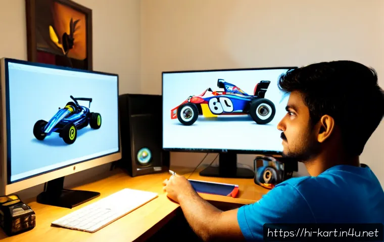 카트라이더 팬아트 대회와 유저 인터뷰 - Photorealistic Indian young adult digital artist working on colorful cartoon racing fan art at a cle...