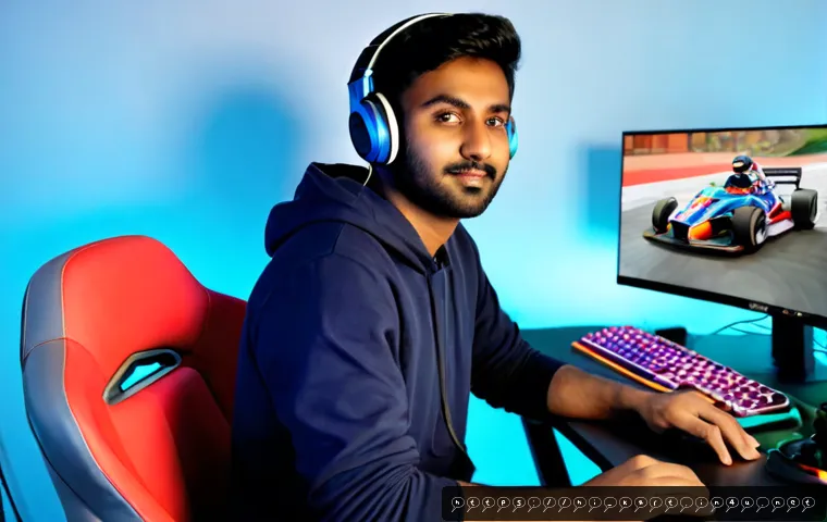Home 30 카트라이더 스트리머 가이드 - Photorealistic Indian gaming streamer at a clean home studio desk, wearing casual headphones and foc...