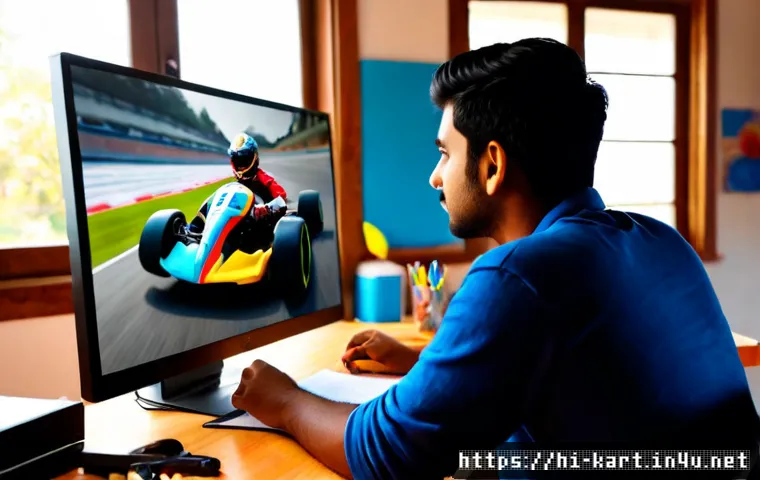 Home 17 카트라이더 팬아트와 스트리머의 성공 전략 - Photorealistic scene of a young Indian digital artist at a clean home studio desk, creating colorful...