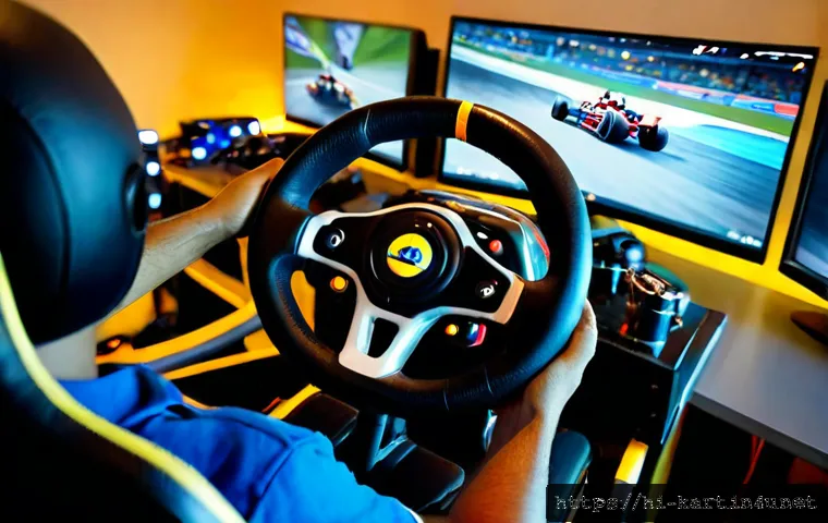 Home 17 카트라이더 드리프트 기술 팁 - Photorealistic close-up of a skilled kart racing simulator player using a steering wheel controller,...