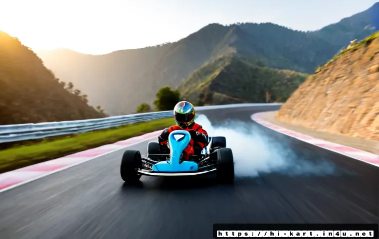 카트라이더 팬아트와 드리프트 비결 - Photorealistic cinematic racing scene, a colorful fictional go-kart speeding through a wide mountain...