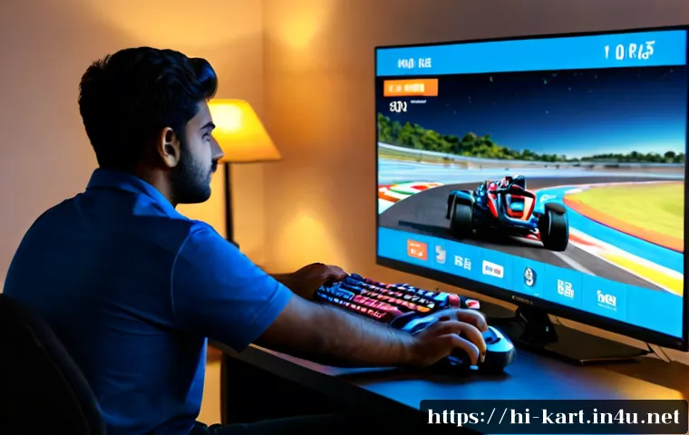 카트라이더 신규 출시 일정 - Photorealistic Indian young adult gamer at a clean home desk, eagerly viewing a colorful kart racing...