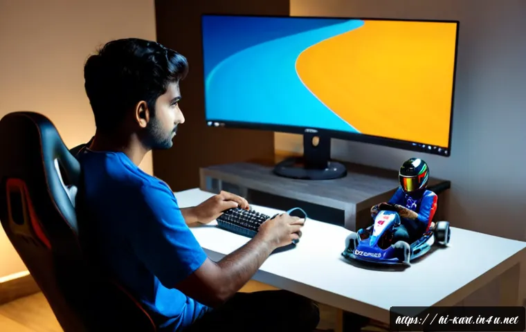카트라이더 트랙 공략 동영상 - Photorealistic cinematic scene of a focused Indian young adult gamer recording a kart racing track s...