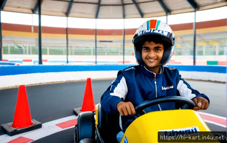 Home 17 카트라이더 초보 유저에게 유용한 가이드 - Photorealistic Indian teenage beginner practicing on a colorful indoor go-kart track, wearing a helm...